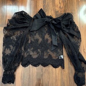 BEULAH Sheer Lace Puff Sleeve Blouse in Black